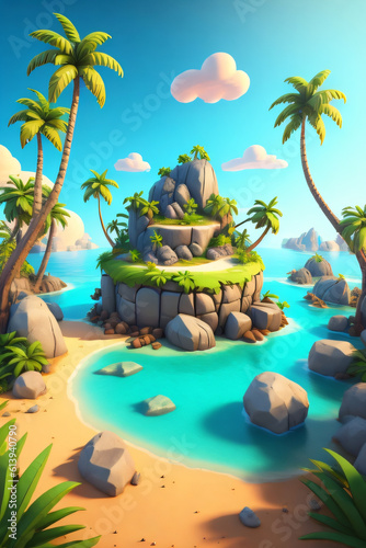 3D tropical island with palm trees and rocks, clear summer sky background, Generative Ai