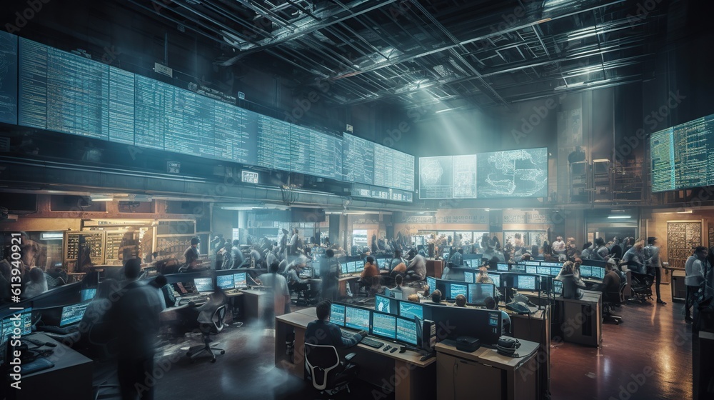 Trading floor with terminals, people in motion blur. Financial background. AI generative image. Trading floor with terminals, people in motion blur. Financial background. AI generative image.