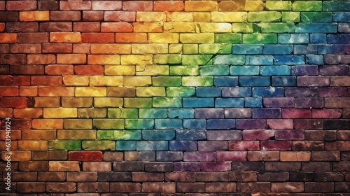 Colorful brick wall. Background with rainbow colors. AI generative image.
