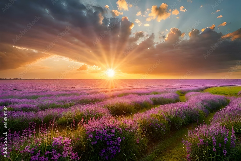 Sunset over a flower field Sunset over a flower field