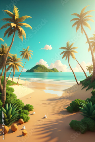 3D tropical island with palm trees and rocks  clear summer sky background  Generative Ai