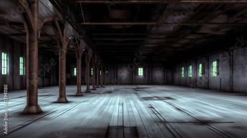 Illustration of abandoned rusty factory with copy space. Industrial indoor background. AI generative image.