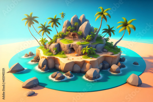 3D tropical island with palm trees and rocks  clear summer sky background  Generative Ai