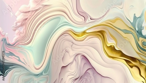 Beautiful abstract soft colored wavy background with pastel pink, gold and pale green colors. Paint swirls like a marble texture. Modern art background. AI generative image.