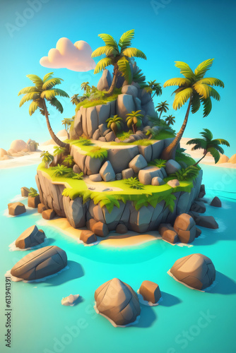 3D tropical island with palm trees and rocks, clear summer sky background, Generative Ai