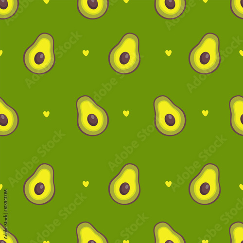 Seamless vector pattern. Juicy avocados and hearts. Pattern on green background. Vector illustration