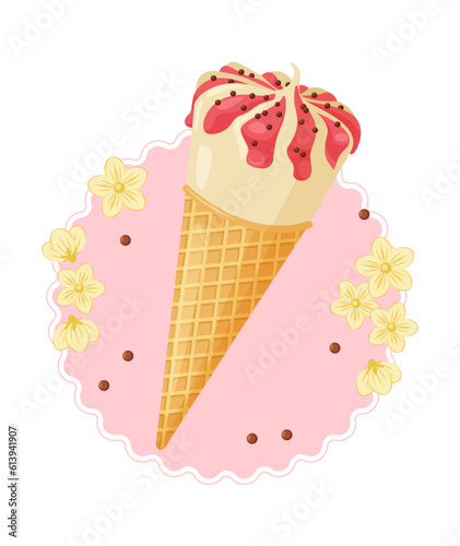 Ice cream cone with jam and flowers. Isolated vector illustration
