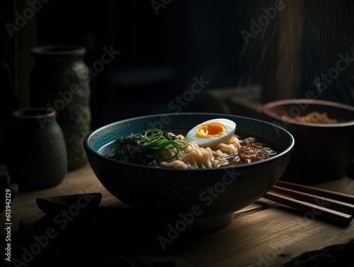 Hot delicious Japanese ramen noodles with egg. Generative AI