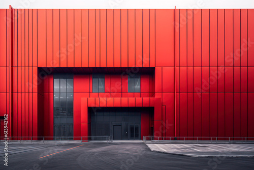 Modern sleek warehouse office building facility exterior architecture, red. Generative AI