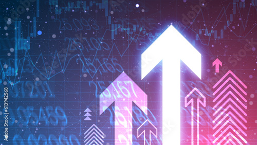 Glowing arrows for business growth concept in futuristic technology style. Successful financial development on blue gradient background. Digital cyber wallpaper for the stock market sources