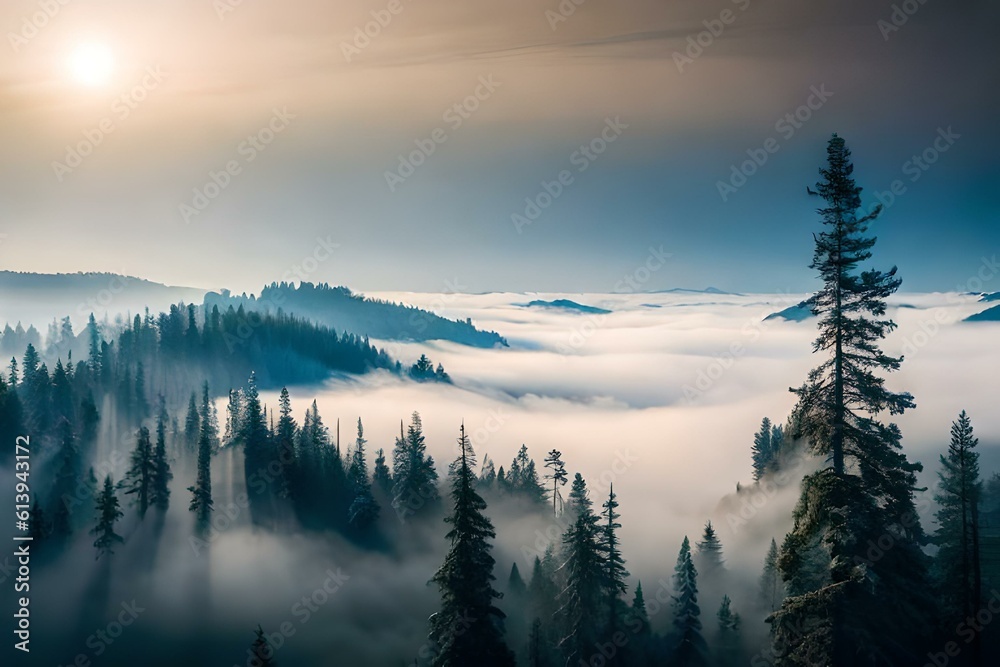 A top view of trees with fog