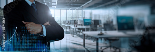 Achievement and business goal success concept, Winner and success of business, Businessman arms crossed office background, digital marketing success, strategy, planning and target.