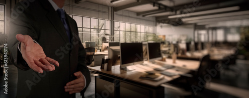 businessman with open hand ready for handshake modern office background.