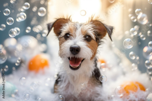 Joyful terrier dog in bathtub full of soap foam. AI generative