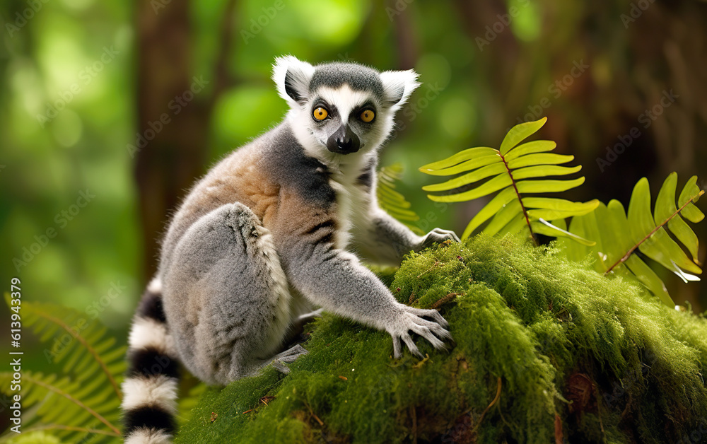 Fototapeta premium Ring-tailed lemur in the forest. Very cute ring-tailed lemur in its living environment. AI generated.