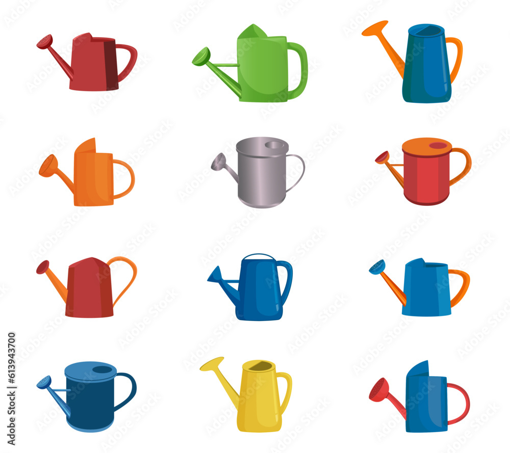 Set Of Watering Can Vector Illustration Collection, Spray Gun Vector Clip Art Set. Watering Can Water Sprayer Clip Art Bundle. Vector Colored Bucket With Bundle Set. White Background.