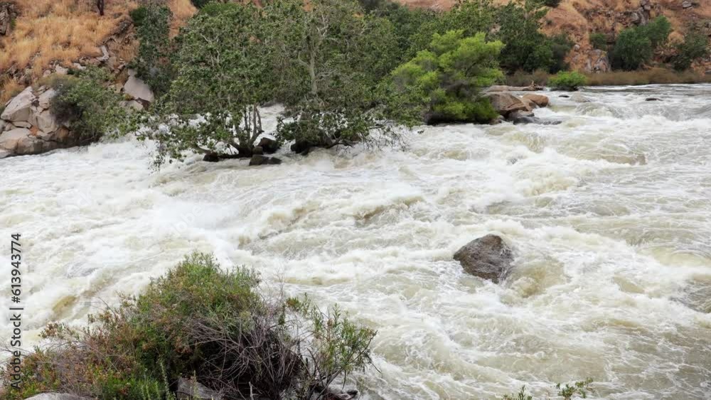 Panning shot of the river rapids on the Kern River in the Southern Sierra Nevada Mountains in California