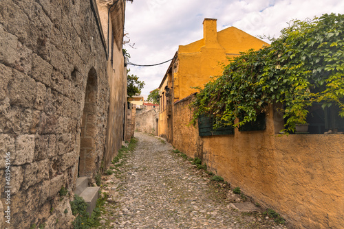 Fototapeta Naklejka Na Ścianę i Meble -  Empty street in old town in Rhodes, Greece with yellow tone stone houses and cobble stone paving.
