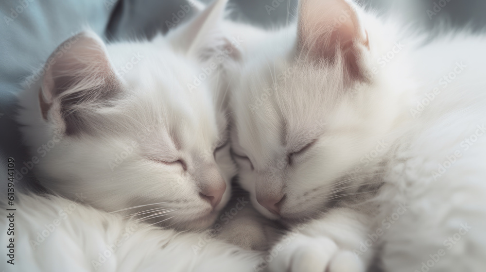 Two white fluffy kittens sleeping side by side, leaning their muzzles against each other on a white blanket. Cute adorable pets cats. Postcard. Generated by AI Generative AI Two white fluffy kittens sleeping side by side, leaning their muzzles against each other on a white blanket. Cute adorable pets cats. Postcard. Generated by AI Generative AI
