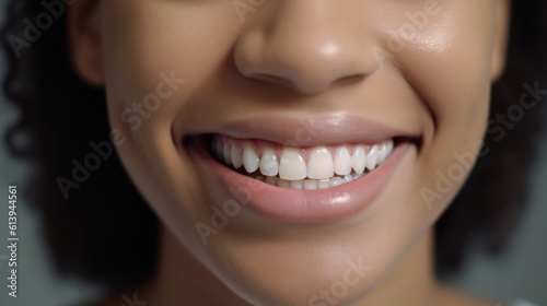 Snow-white smile  healthy teeth. Female smile after teeth whitening procedure. Young african american smiling woman looking away against light background. Problems of dentistry. Generative AI