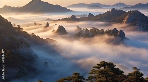 Cloudy mountains landscape. Generative AI © vie_art
