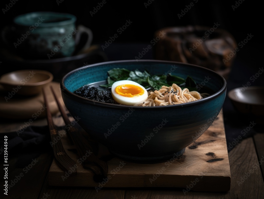 Hot delicious Japanese ramen noodles with egg. Generative AI Hot delicious Japanese ramen noodles with egg. Generative AI