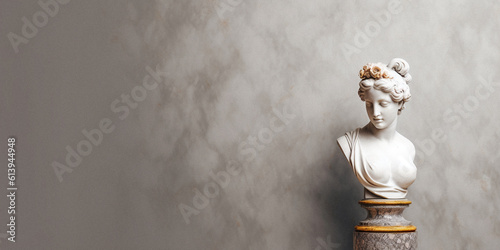 Classical still life with a marble bust, created with generative AI technology