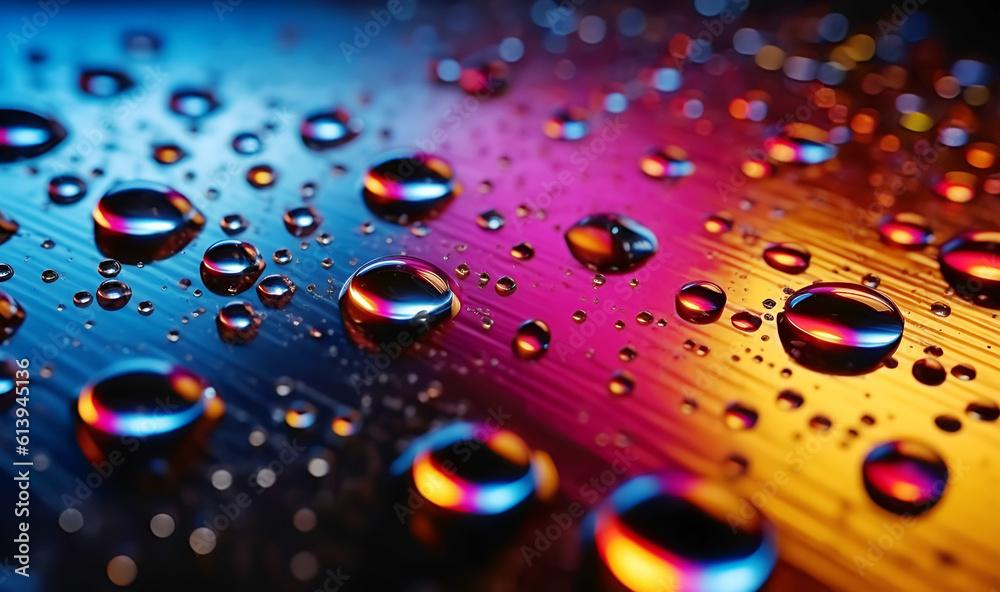 Close-up of water drops in holographic colorful light, abstract background, ai generated Close-up of water drops in holographic colorful light, abstract background, ai generated