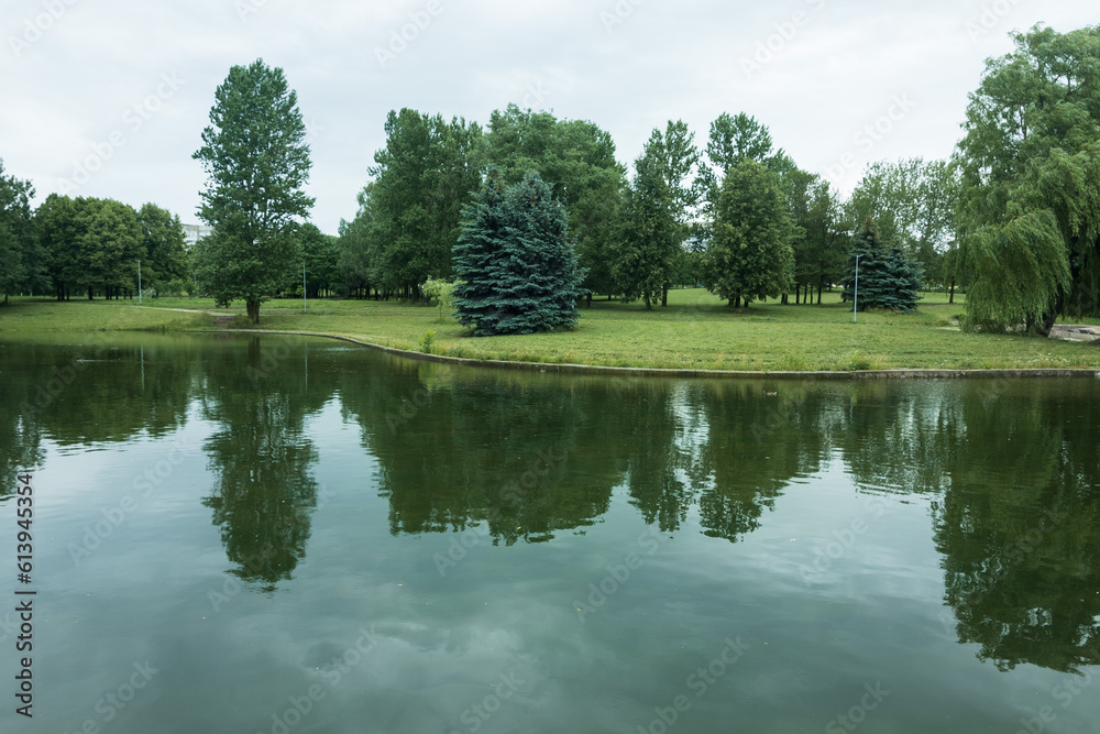 Landscape, view of the lake and the shore, green trees and water surface