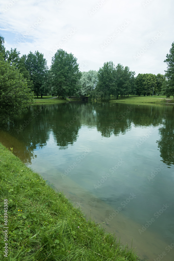 Obraz premium Landscape, view of the lake and the shore, green trees and water surface