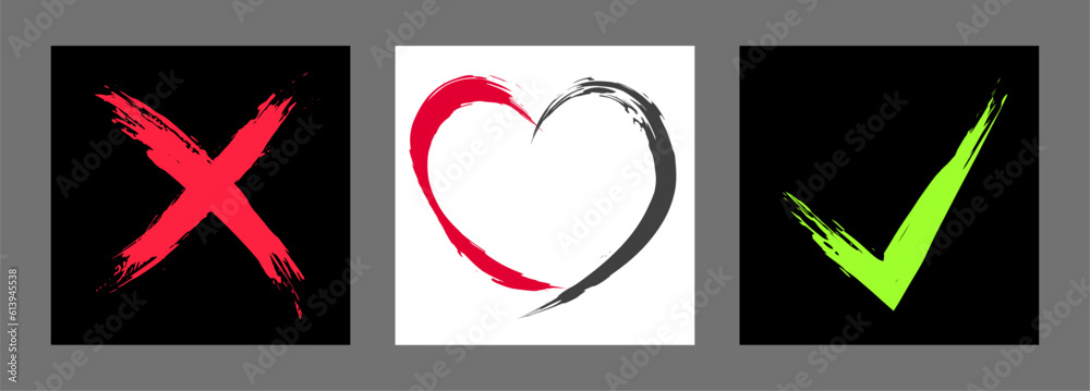 The cross, heart and OK symbol are hand-drawn with a brush. Prohibition, denial, error. Love. Approval, consent. Vector, set of 3 characters The cross, heart and OK symbol are hand-drawn with a brush. Prohibition, denial, error. Love. Approval, consent. Vector, set of 3 characters