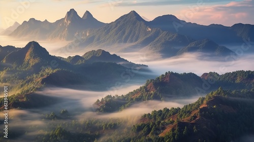 Cloudy mountains landscape. Generative AI © vie_art