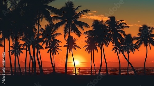 sunset on the sea beach with coconut trees in the background. Generative AI © vie_art