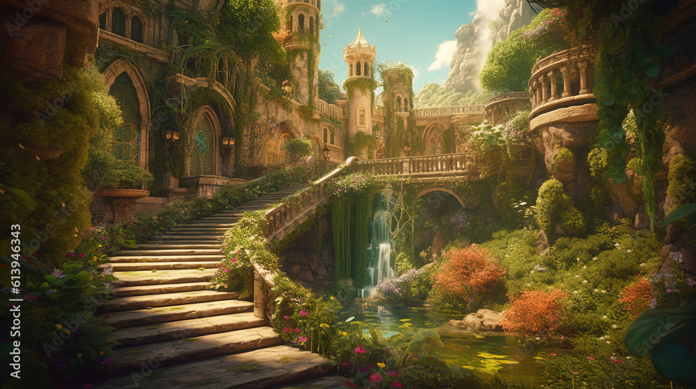 Fairytale gorge, lost castle,  generative AI	
