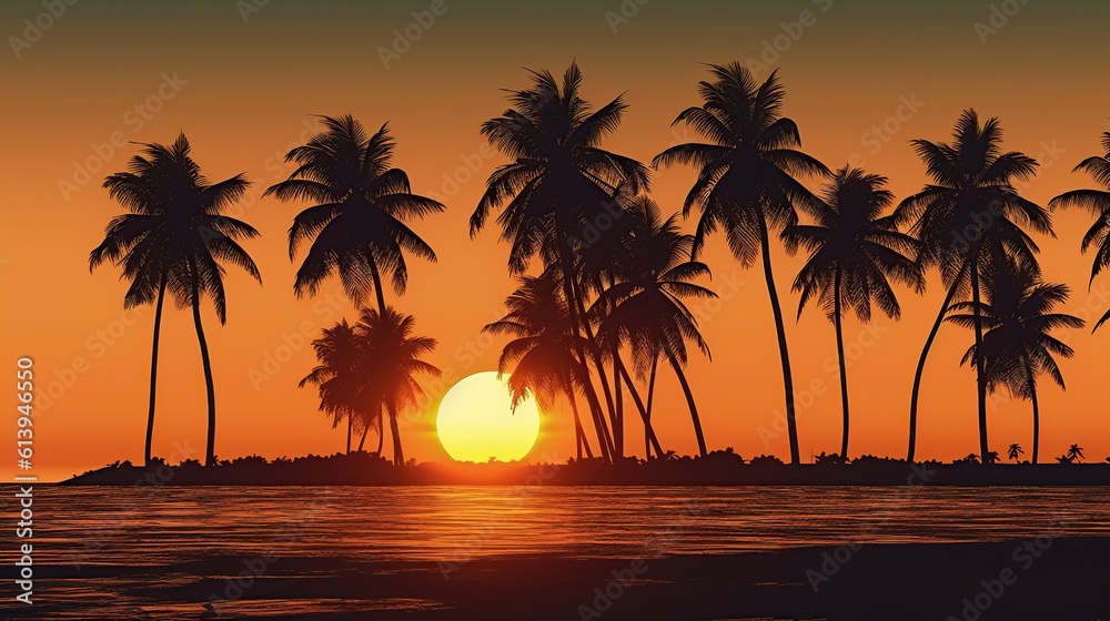 sunset on the sea beach with coconut trees in the background. Generative AI