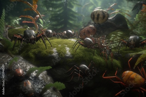 A detailed illustration of a group of arthropods, such as spiders or beetles, in a striking and dramatic natural environment, Generative AI © SILVANIR