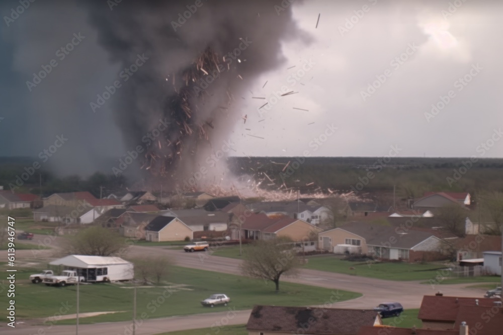 Huge tornado sweeps across a small village, Generative AI