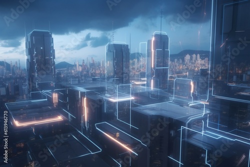 A futuristic cityscape with advanced communication and networking technology  Generative AI