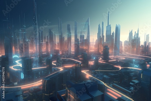 A futuristic cityscape with advanced communication and networking technology  Generative AI
