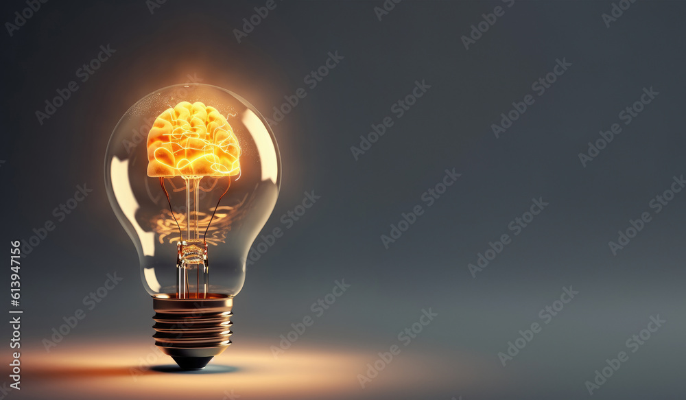 Brain shaped filament light bulb. Conceptual illustration for idea, creativity, solution, innovation, invention, inspiration, imagination - Generative AI