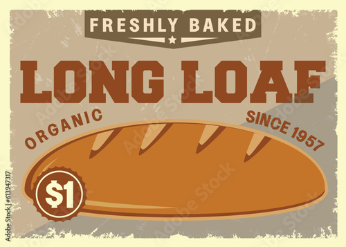 Long loaf bakery metal plate, vintage sign vector template