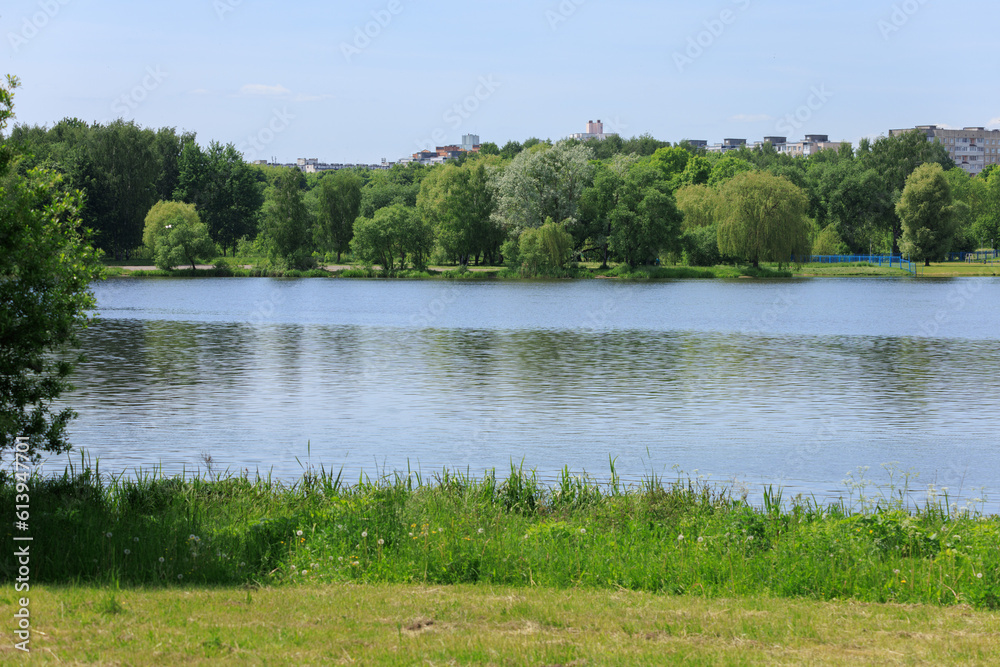 Landscape, view of the lake and the shore. Background for design