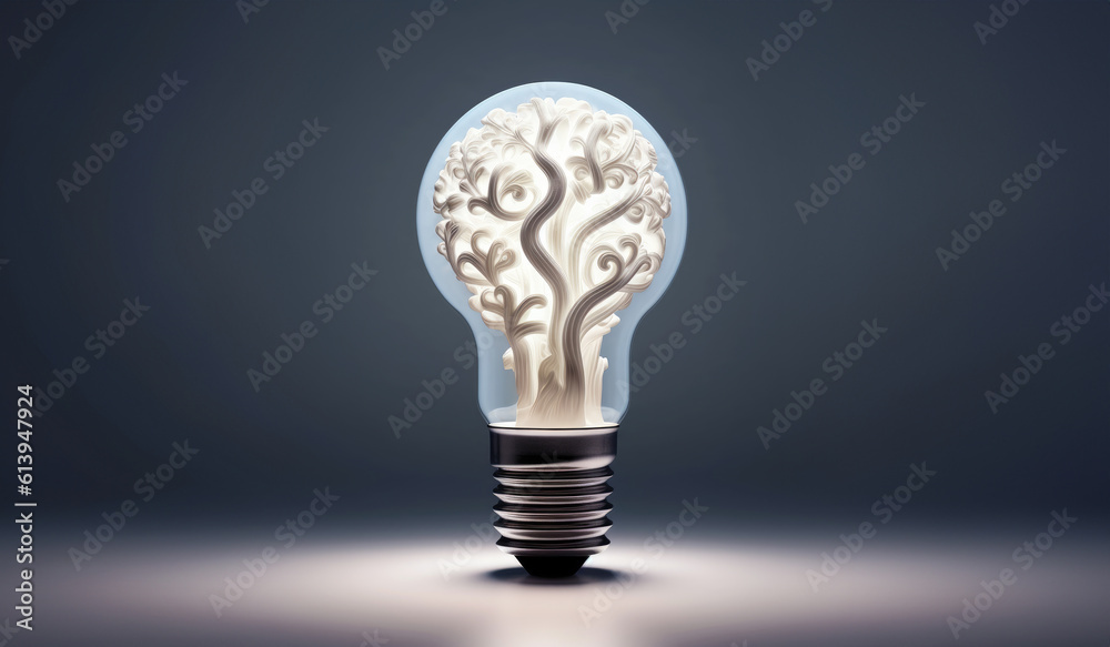 Brain shaped filament light bulb. Conceptual illustration for idea, creativity, solution, innovation, invention, inspiration, imagination - Generative AI Brain shaped filament light bulb. Conceptual illustration for idea, creativity, solution, innovation, invention, inspiration, imagination - Generative AI