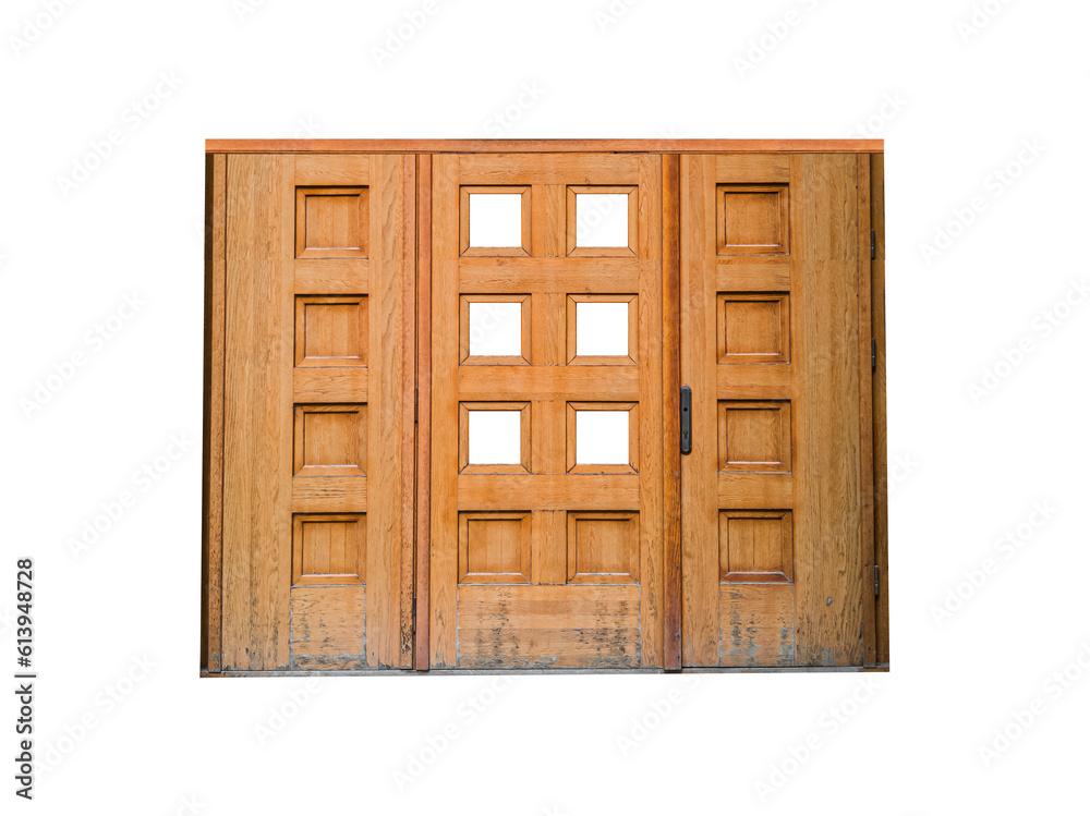 Old light brown textured wooden doorway with square windows isolated on transparent background. Old light brown textured wooden doorway with square windows isolated on transparent background.
