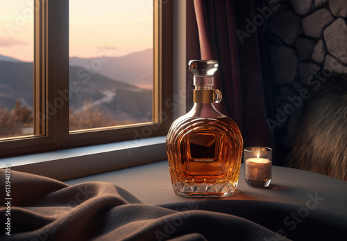 abstract bottle of whiskey on the window. generative AI