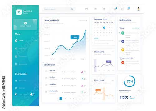 Infographic dashboard. UI design with graphs, charts and diagrams. Web interface template for business presentation.	