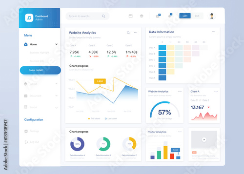 Infographic dashboard. UI design with graphs, charts and diagrams. Web interface template for business presentation.	