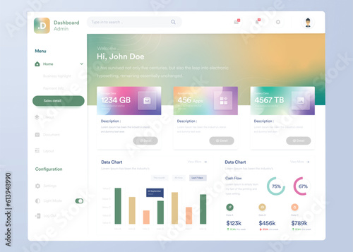 Infographic dashboard. UI design with graphs, charts and diagrams. Web interface template for business presentation. 