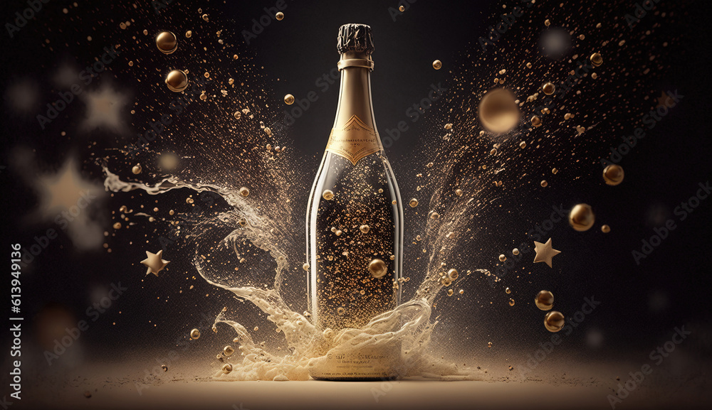 champagne bottle and glass with sparkles. generative AI
 - obrazy, fototapety, plakaty 