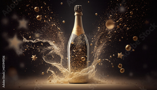 champagne bottle and glass with sparkles. generative AI 